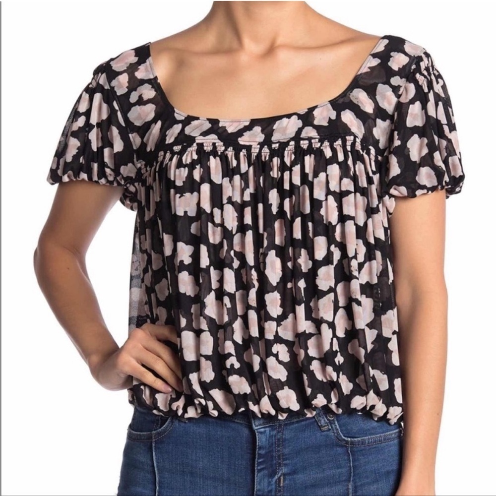 Free People Meg’s leopard print crop top black pink bubble hem mesh - Picture 4 of 10